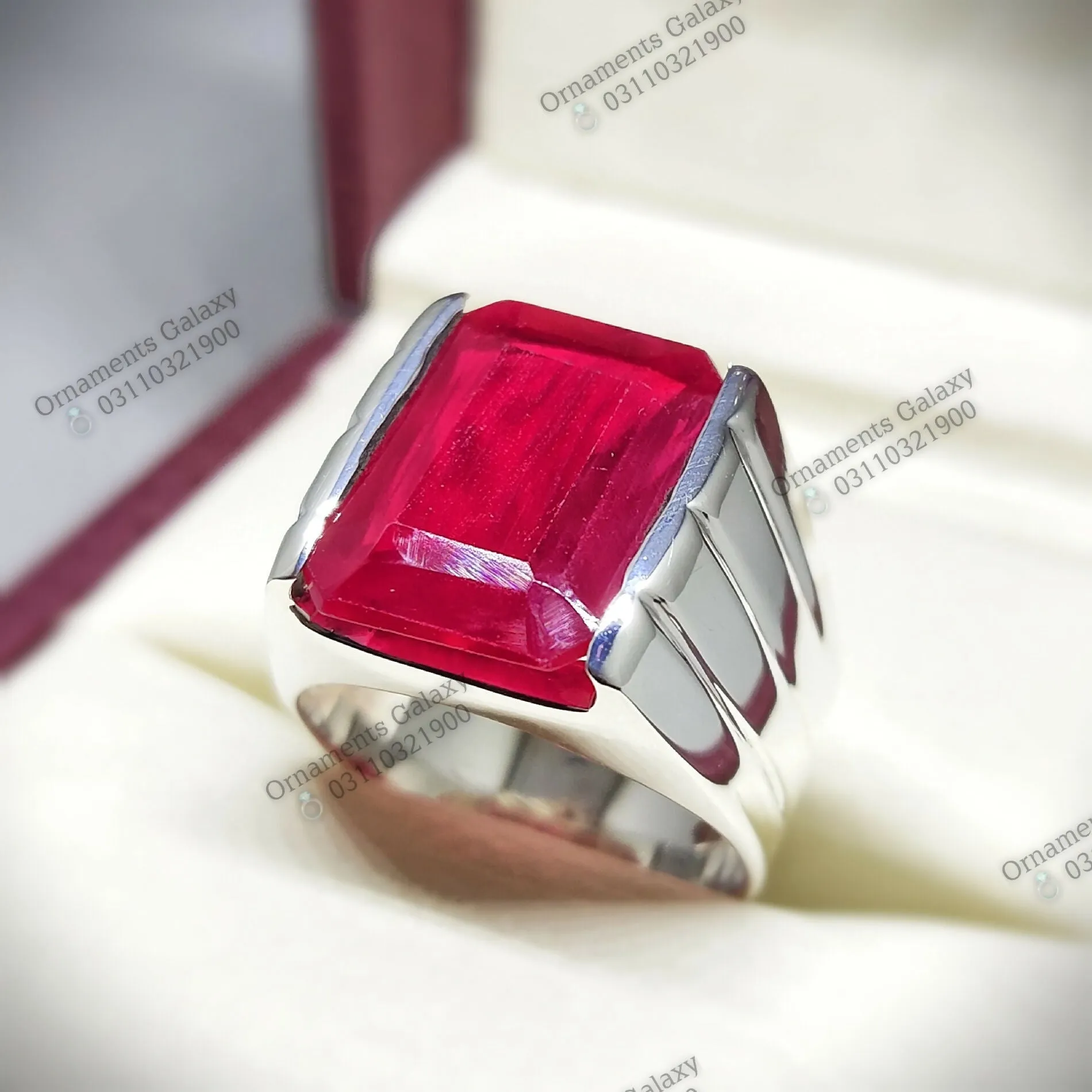 13 CT Rare Emerald Cut Pigeon Deep Red Ruby Mens Ring Sterling Silver 925 Handmade Yaqoot Ring