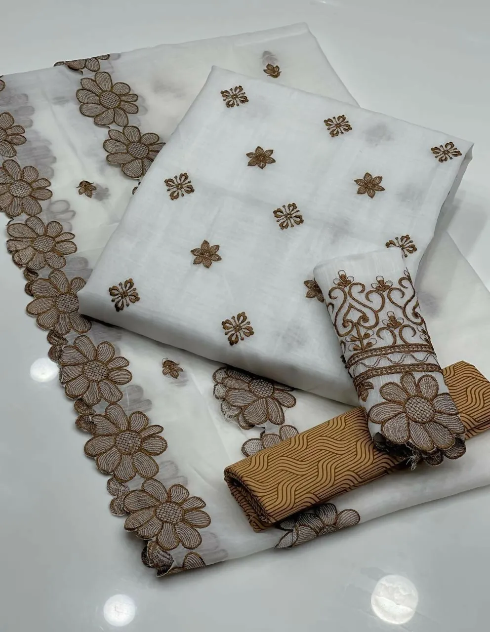 3 PC Paper Cotton Shirt & Dupatta With Lawn Trouser