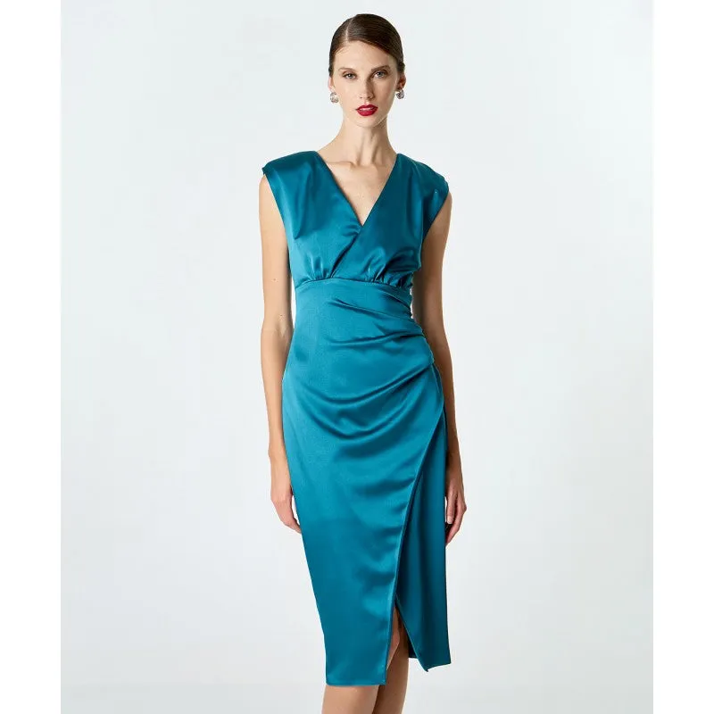 Access Fashion Petrol Sleeveless Satin Wrap Dress