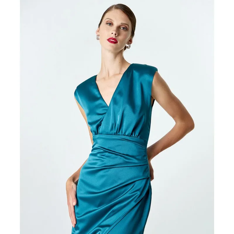 Access Fashion Petrol Sleeveless Satin Wrap Dress