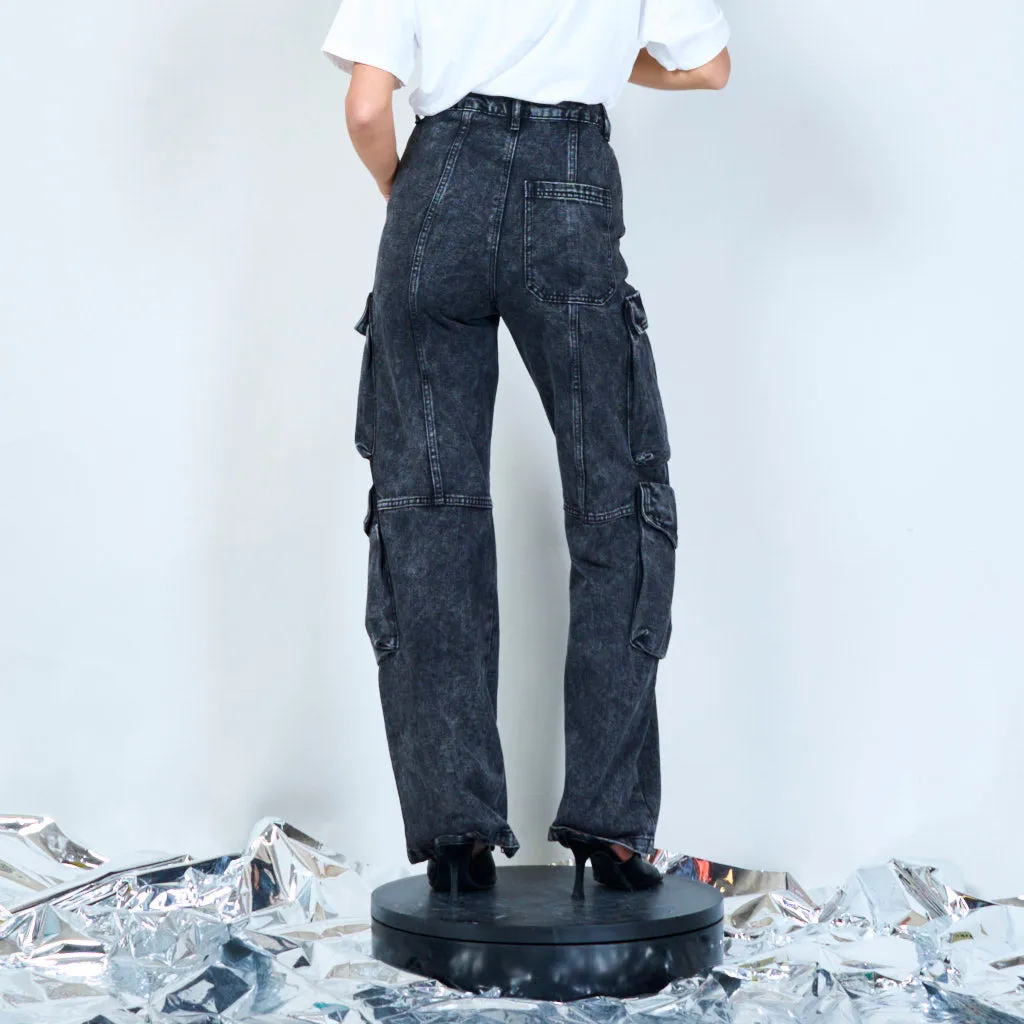 Acid wash high-rise utility jeans wholesale