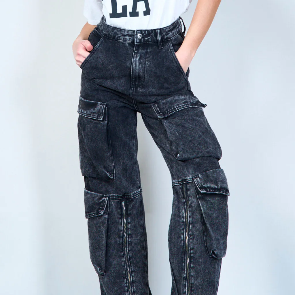 Acid wash high-rise utility jeans wholesale