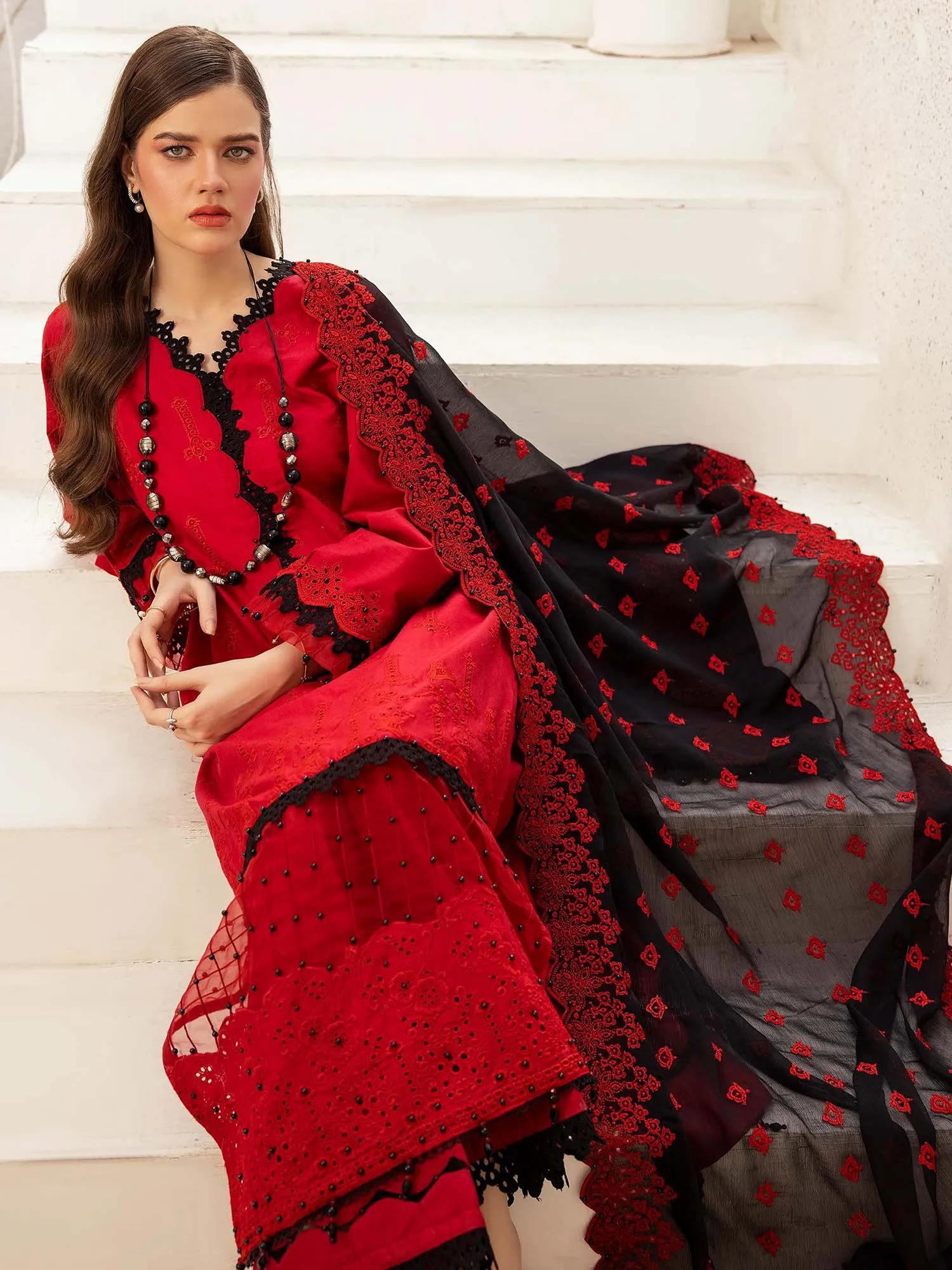 Ally's Chikankari Edits Red 3-Piece Suit (AL-835)