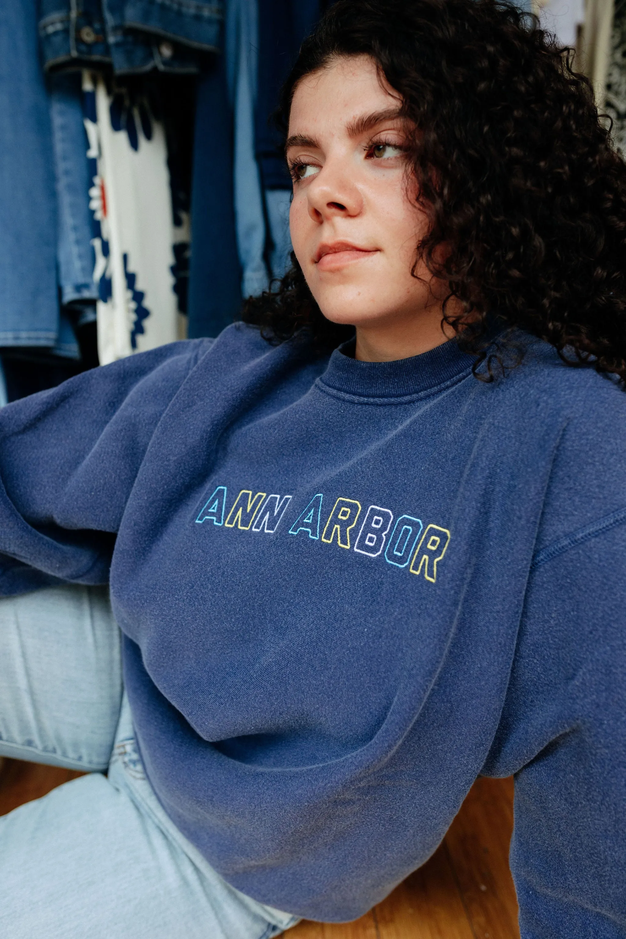 Ann Arbor Embroidered Navy Crewneck