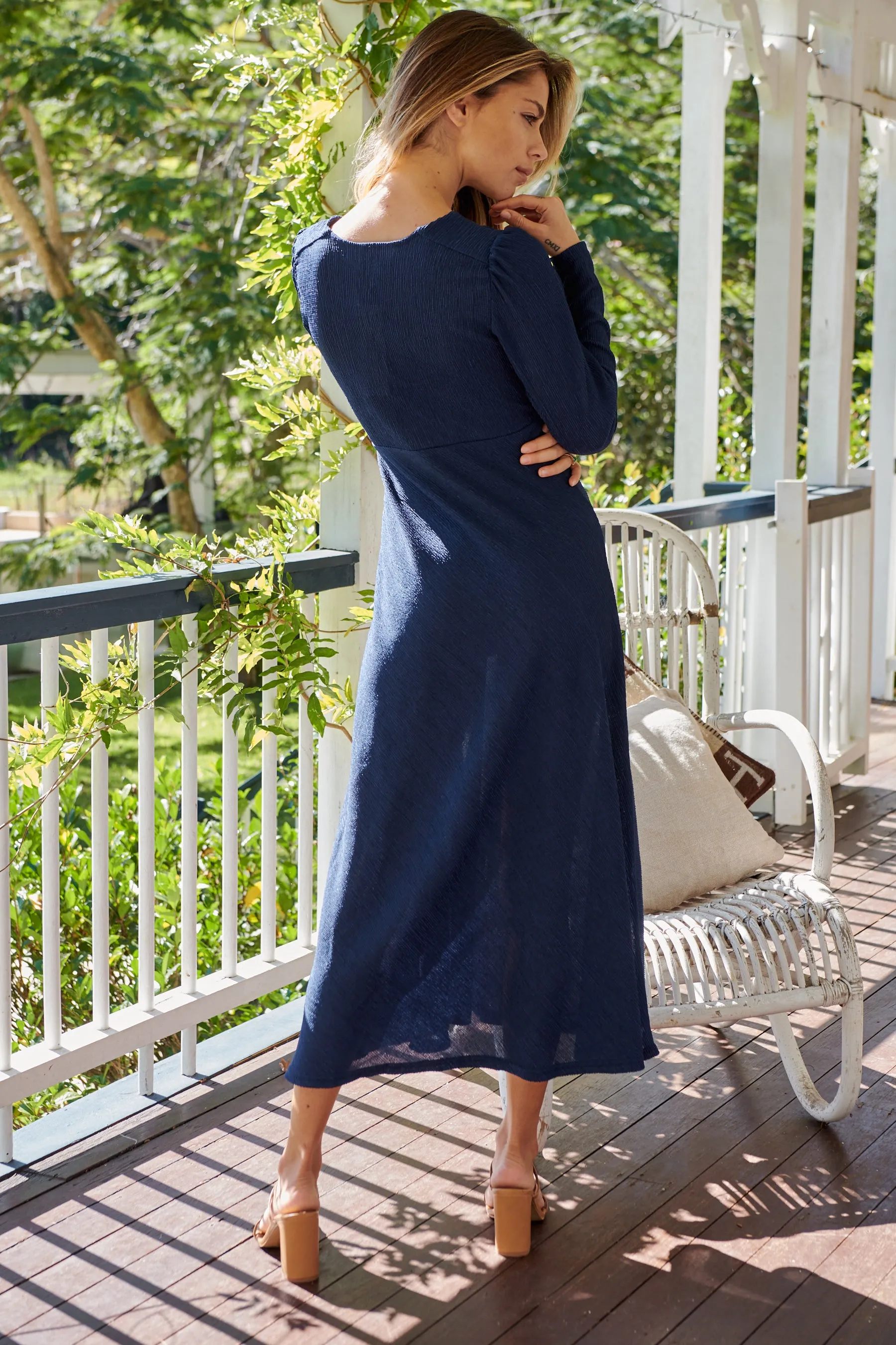 Azalia Navy V Neck Long Sleeve Evening Dress