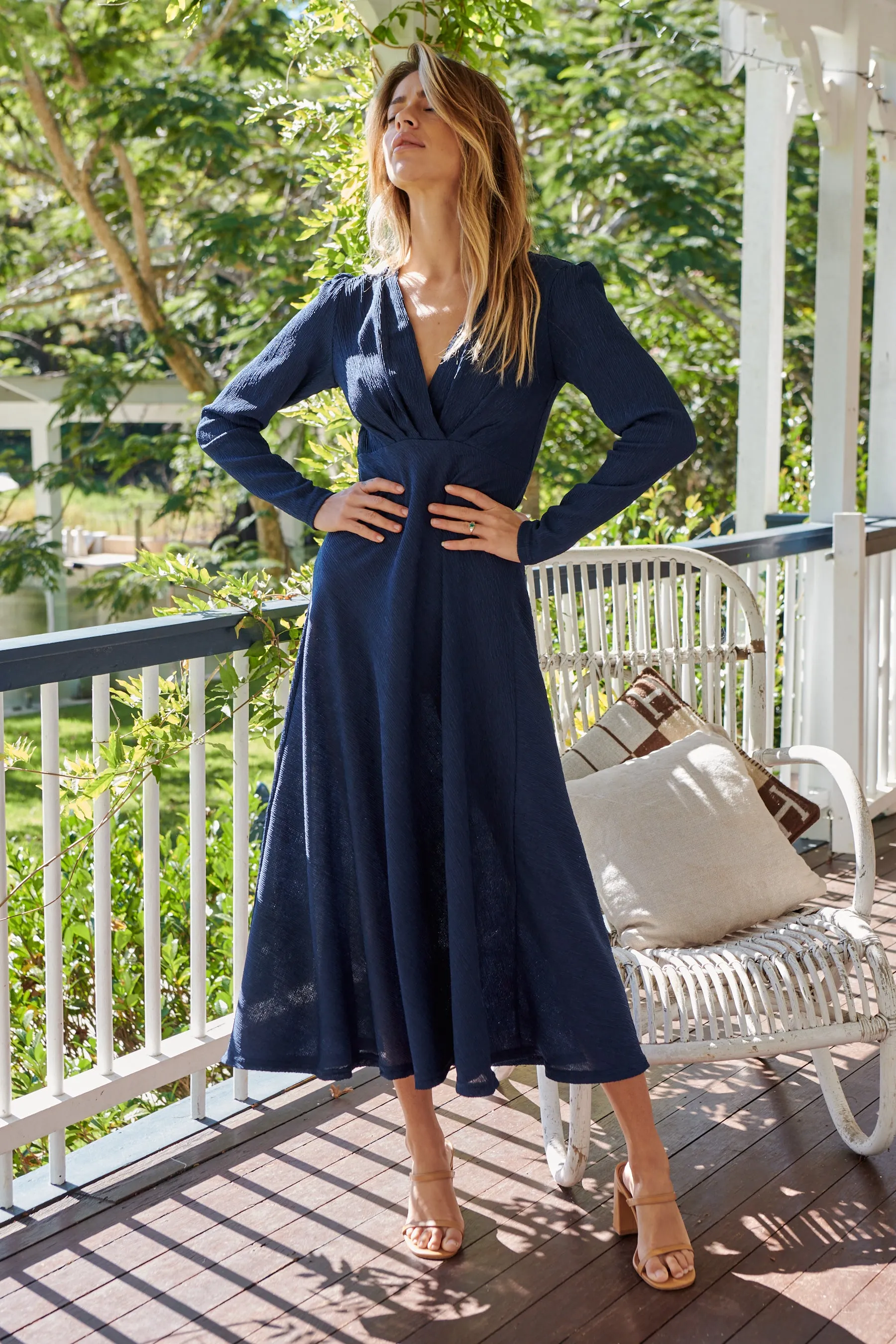 Azalia Navy V Neck Long Sleeve Evening Dress