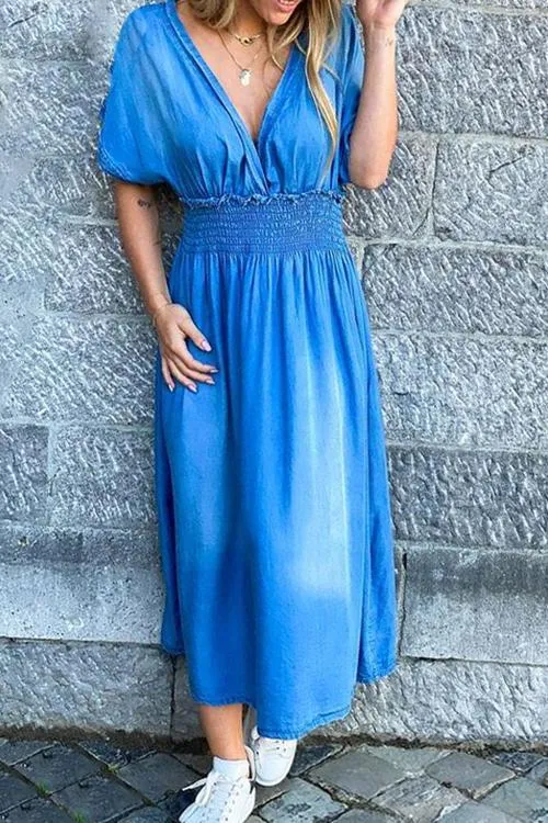 Bat V Neck Denim Maxi Dress