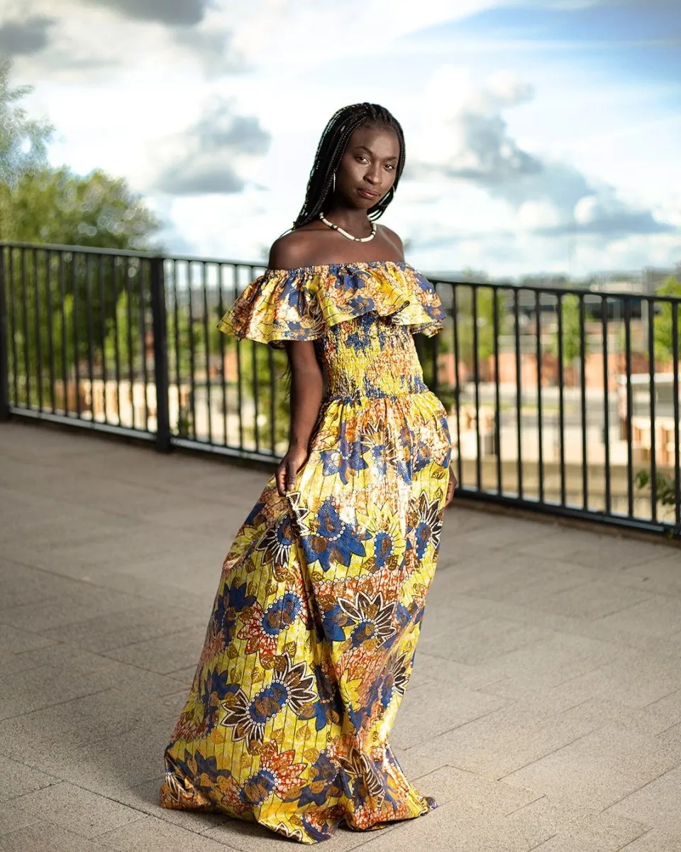 Beautiful African Maxi Dress In Metallic Gold Blue