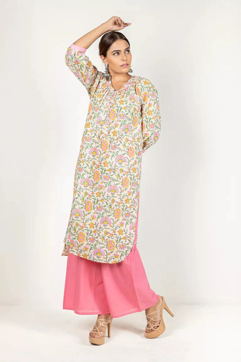 Beige & Pink Hand Block Printed Kurta