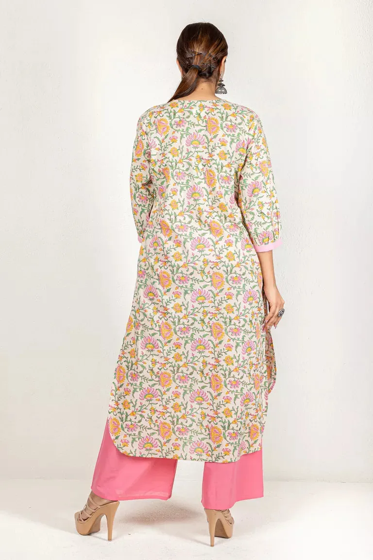 Beige & Pink Hand Block Printed Kurta