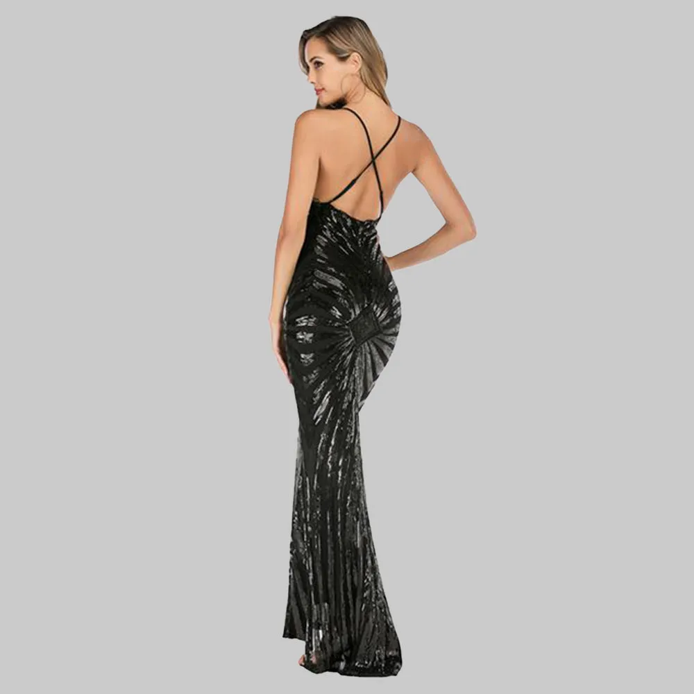 Black Deep V-Neck Open Back Sequins Maxi Dress