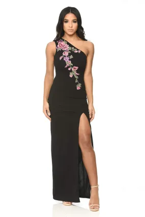 Black Floral Embroidered One Shoulder Maxi Dress