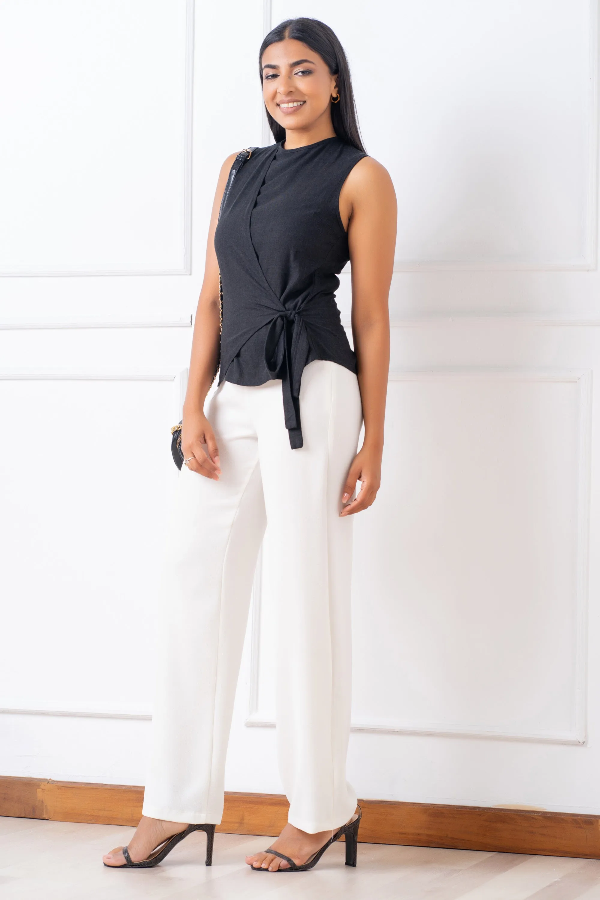 Black Linen Wrap Top - Slim Fit