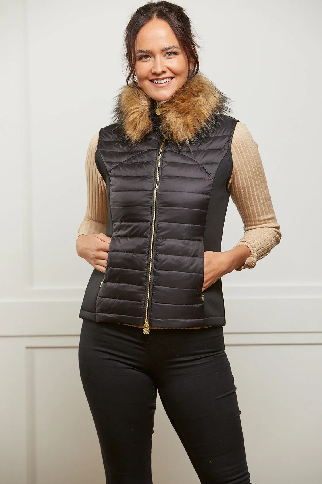 Black Puffer Gilet - Luxe Faux Fur Collar - 60% OFF