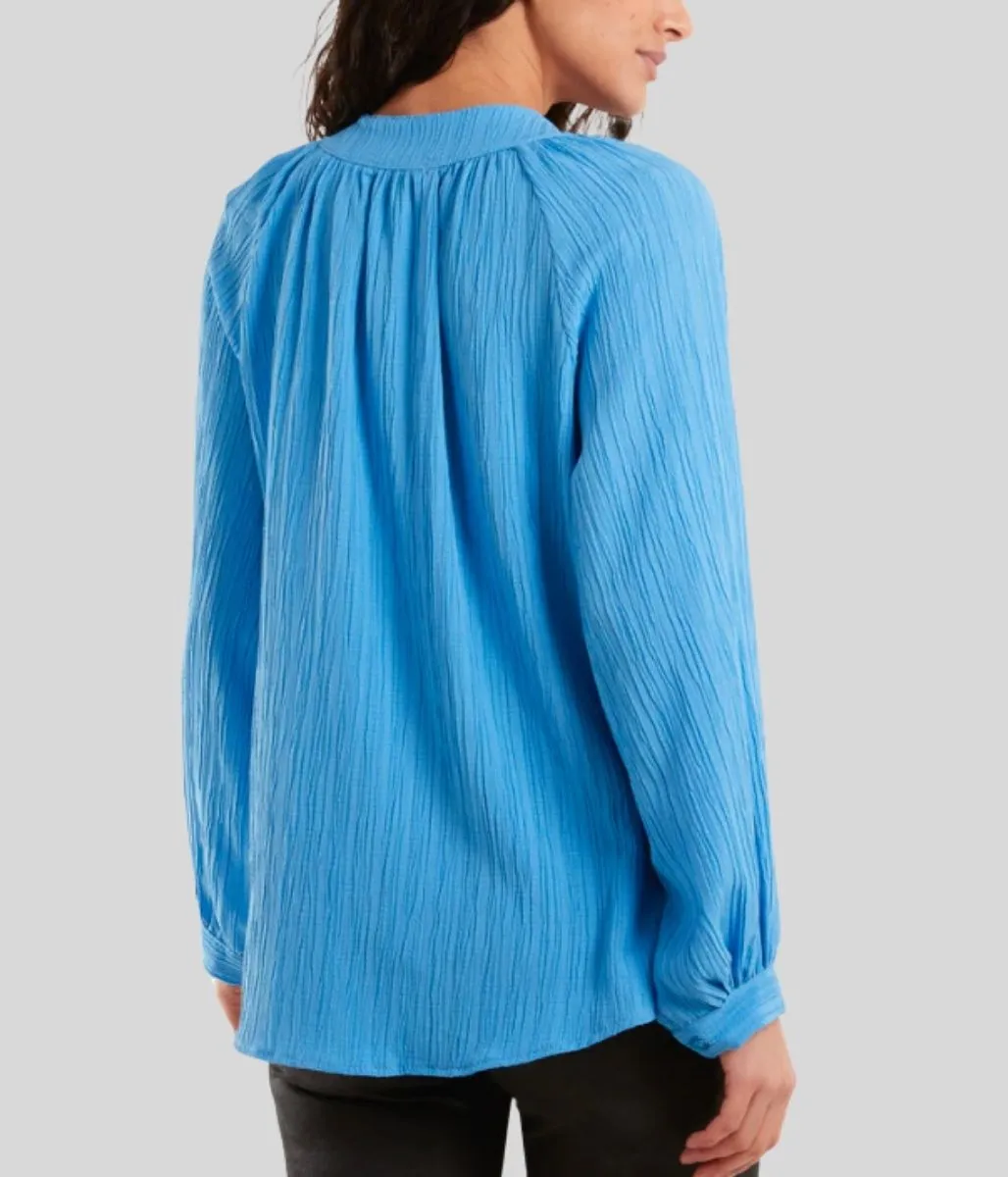 Blue Crinkle Balloon Sleeve Blouse