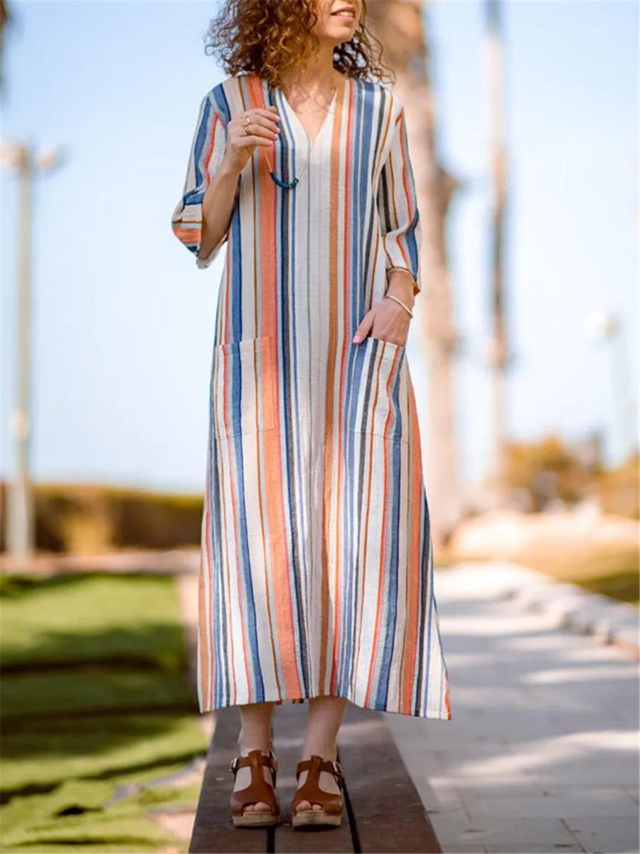 Bohemia Casual Loose Linen Striped Pocket Dress