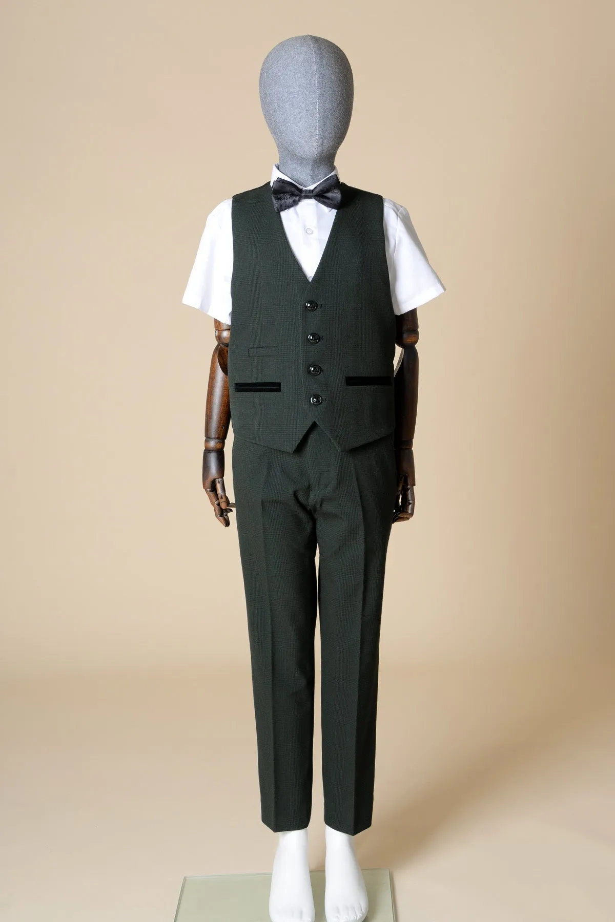 BROMLEY - Children's Olive Green Check Print Three Piece Suit