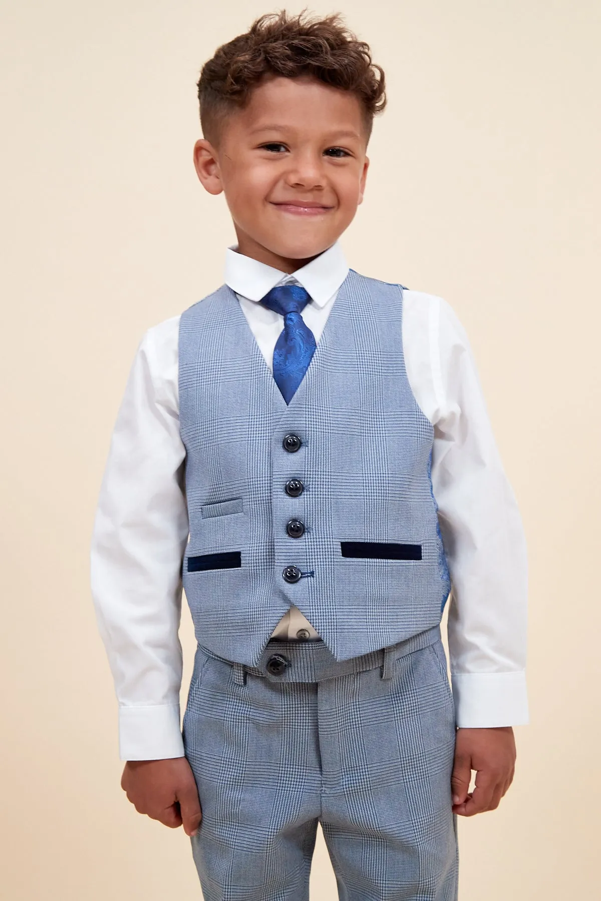 BROMLEY - Children's Sky Blue Check Print Three Piece Suit