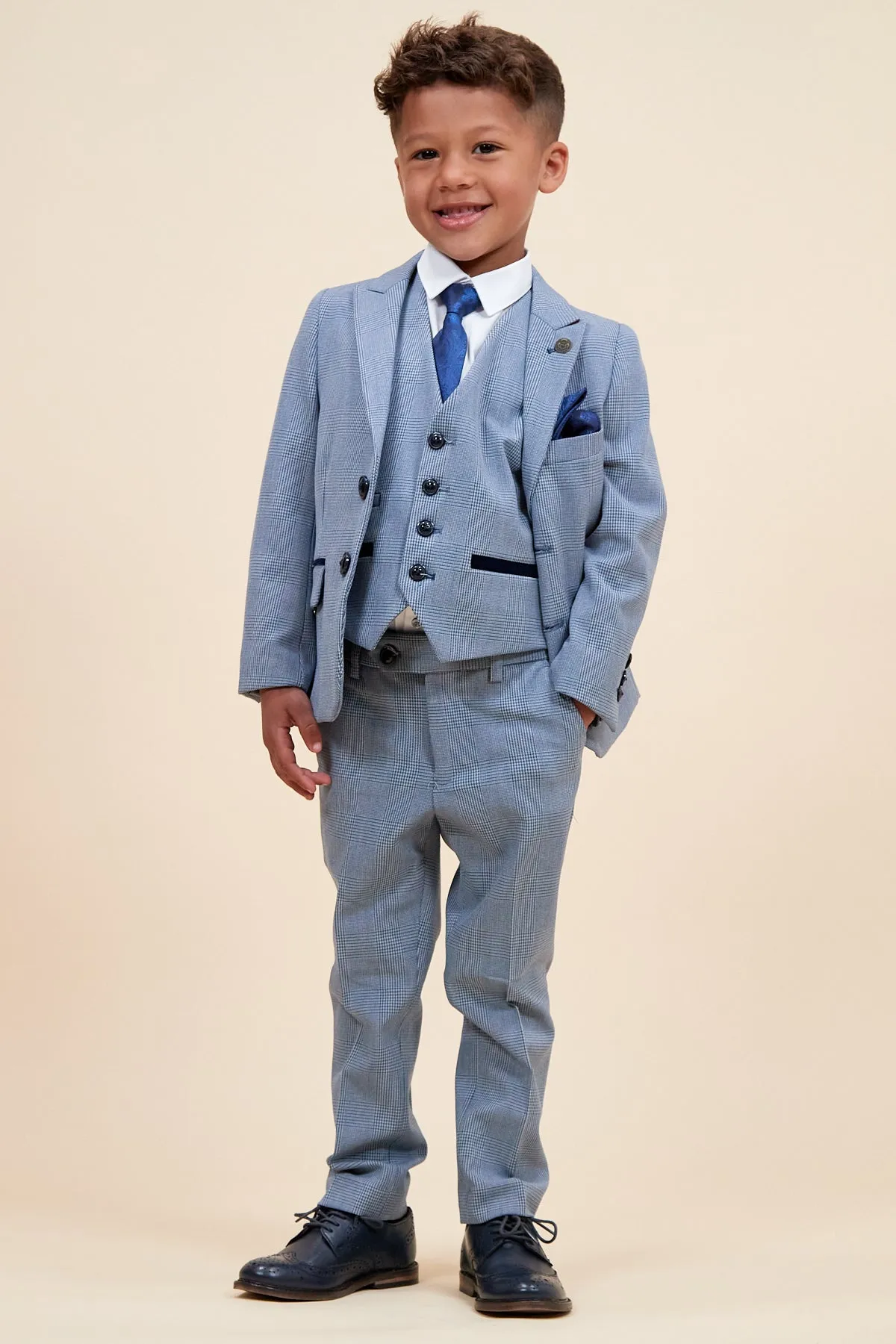 BROMLEY - Children's Sky Blue Check Print Three Piece Suit