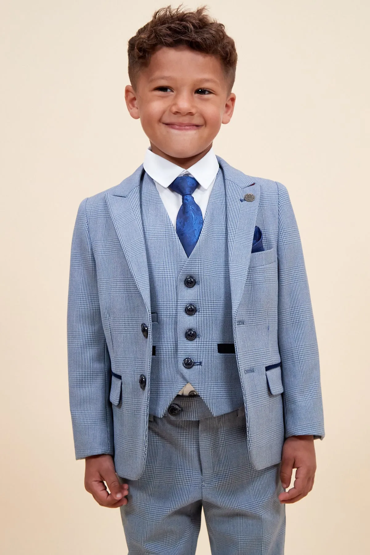 BROMLEY - Children's Sky Blue Check Print Three Piece Suit