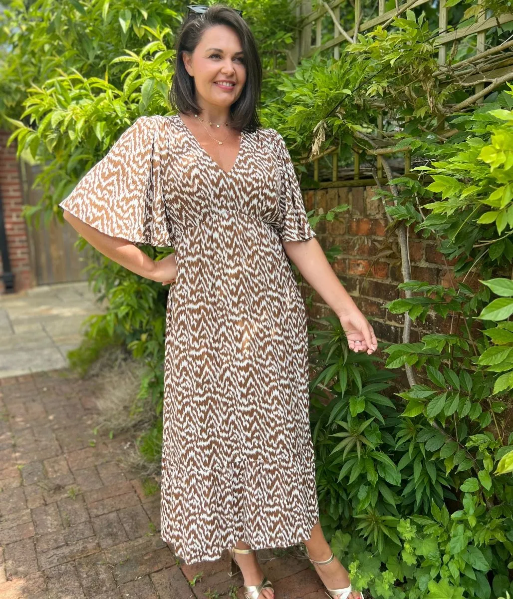 Brown Ikat Print Midi Dress