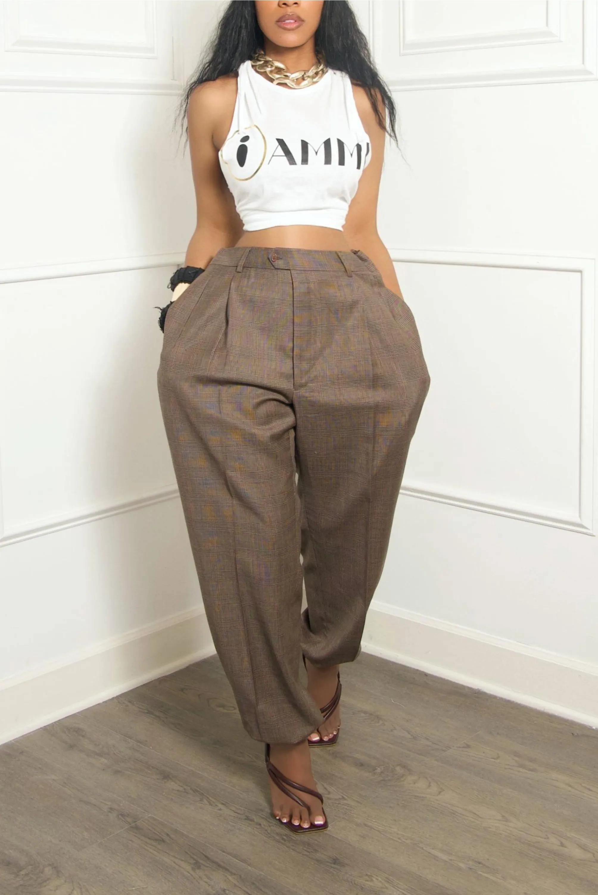 Brown plaid elastic waist jogger slacks (S/M)