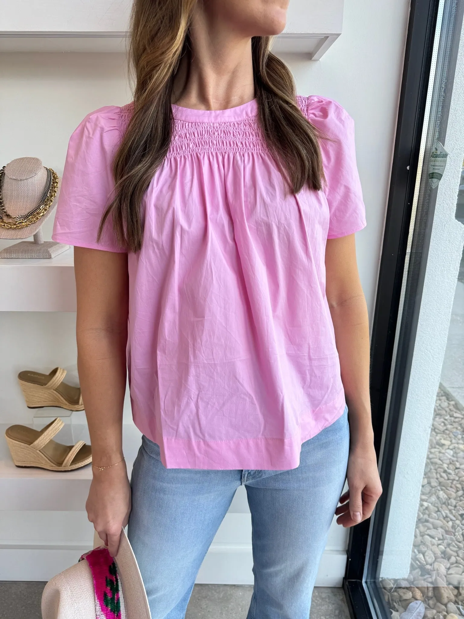 Bubblegum Pink Enata Smocked Poplin Top