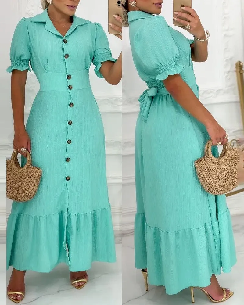 Buttoned Shirred Tied Detail Maxi Dress