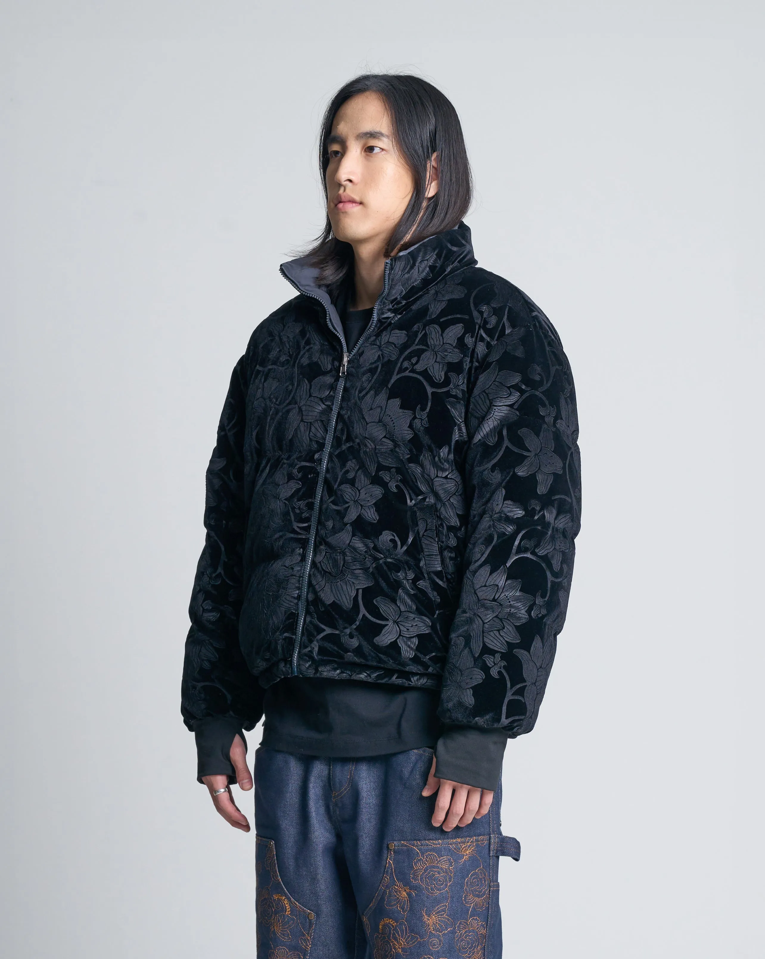 Premium Charcoal Burnout Pottery-Inspired Puffer Jacket