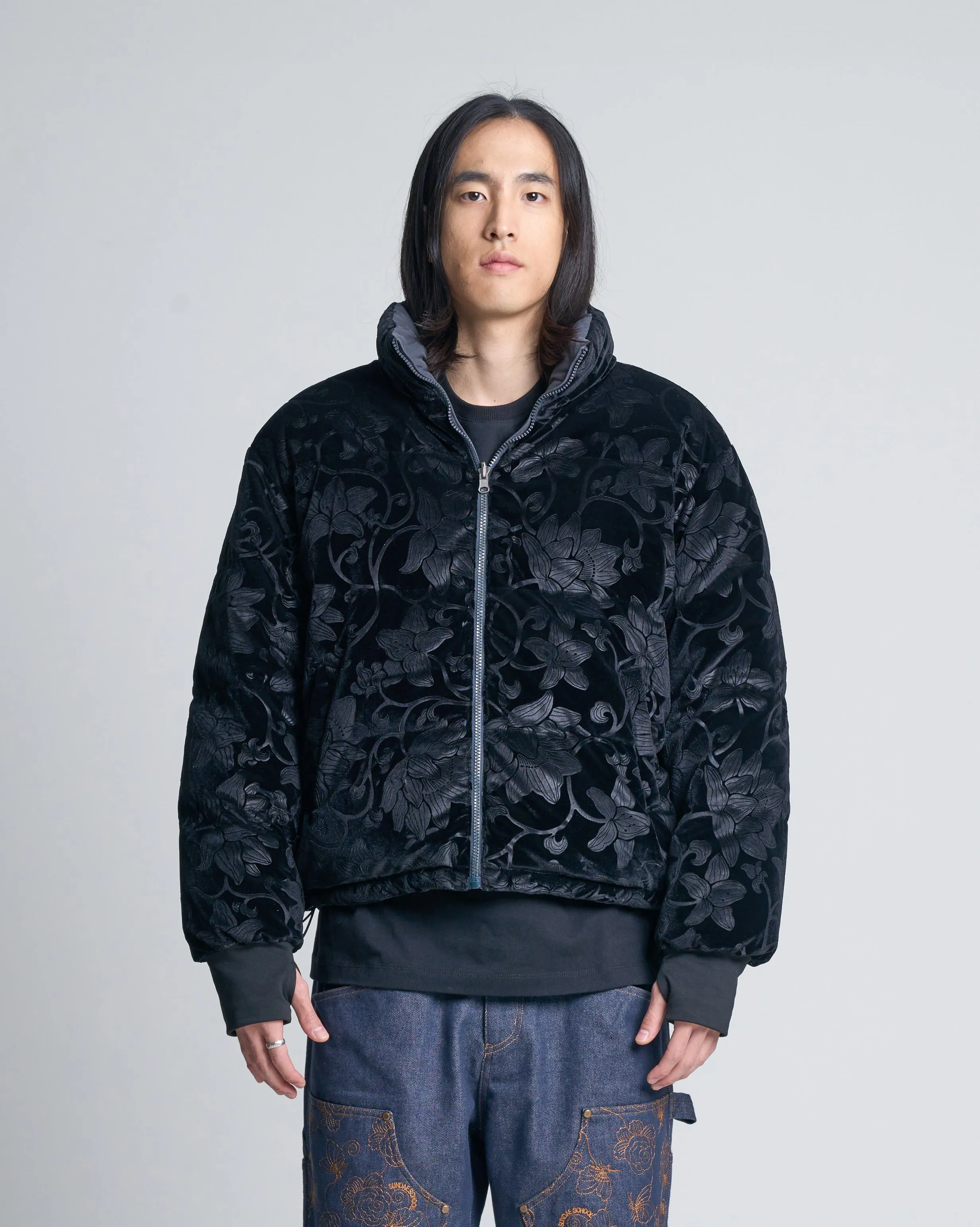 Premium Charcoal Burnout Pottery-Inspired Puffer Jacket