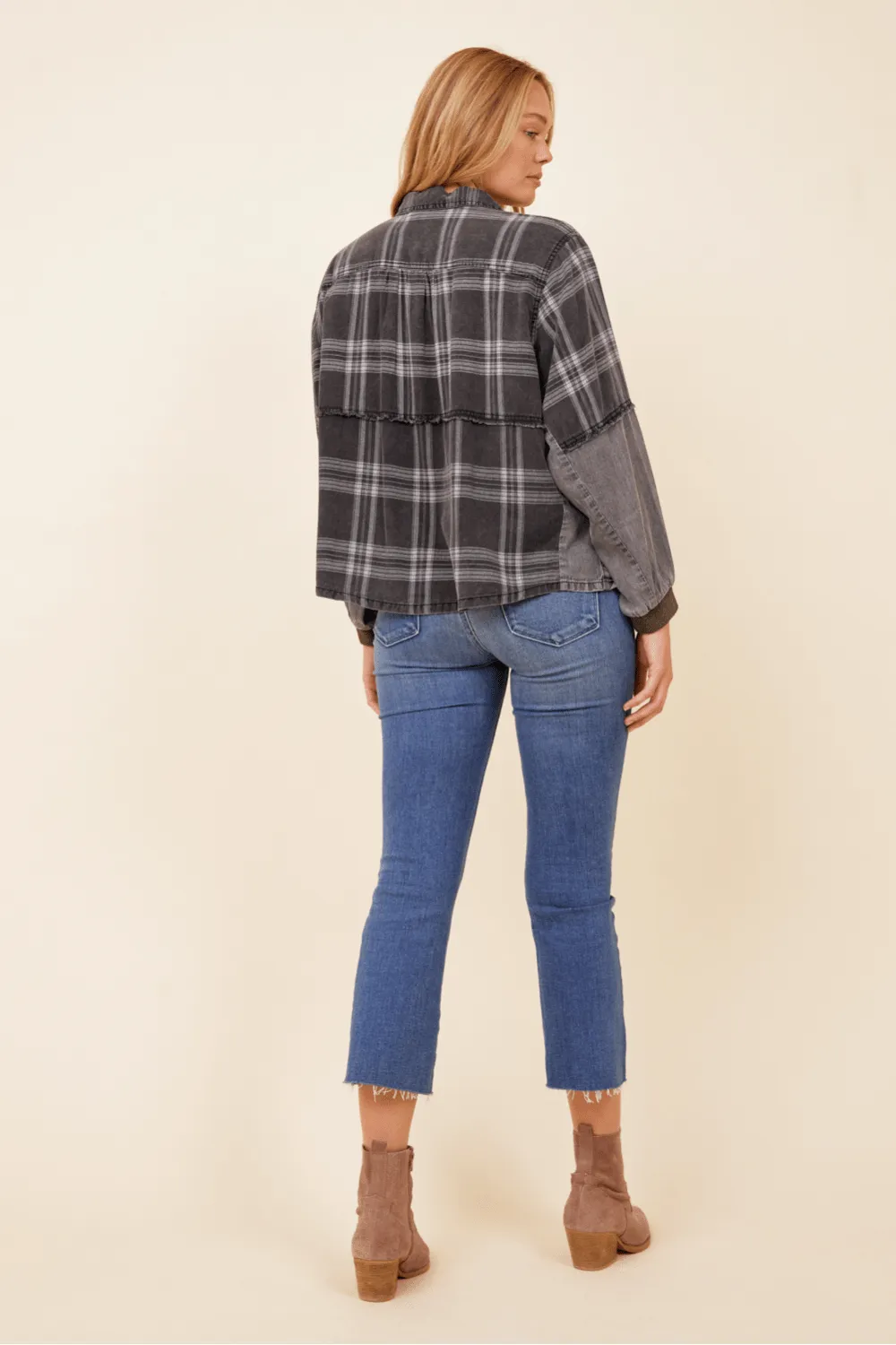 Charcoal Plaid Tencel Half Zip Top