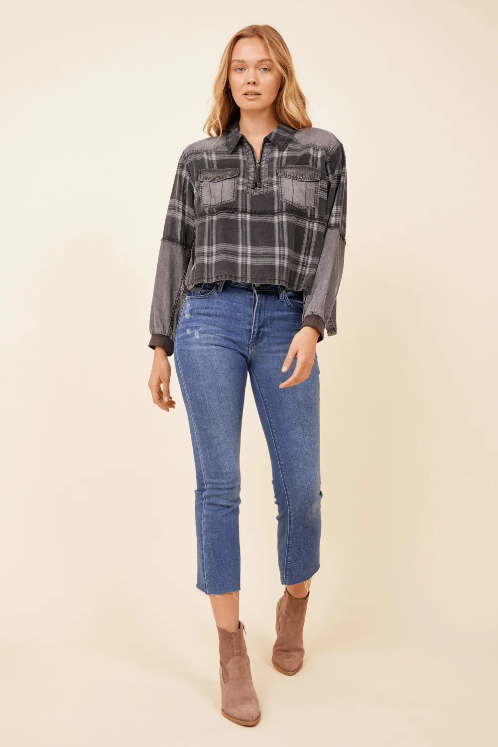 Charcoal Plaid Tencel Half Zip Top