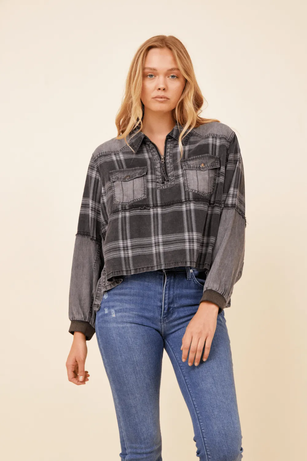 Charcoal Plaid Tencel Half Zip Top