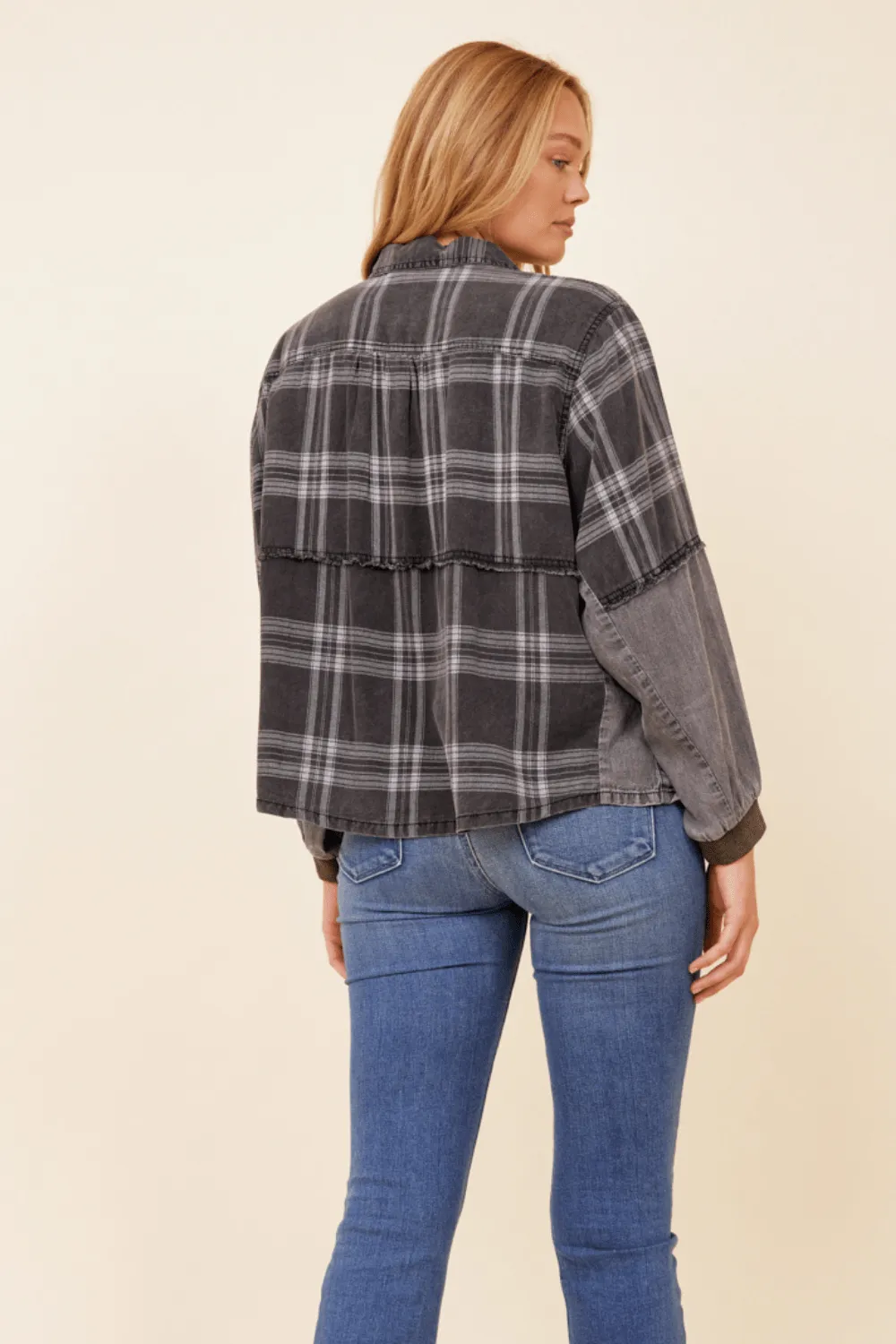 Charcoal Plaid Tencel Half Zip Top