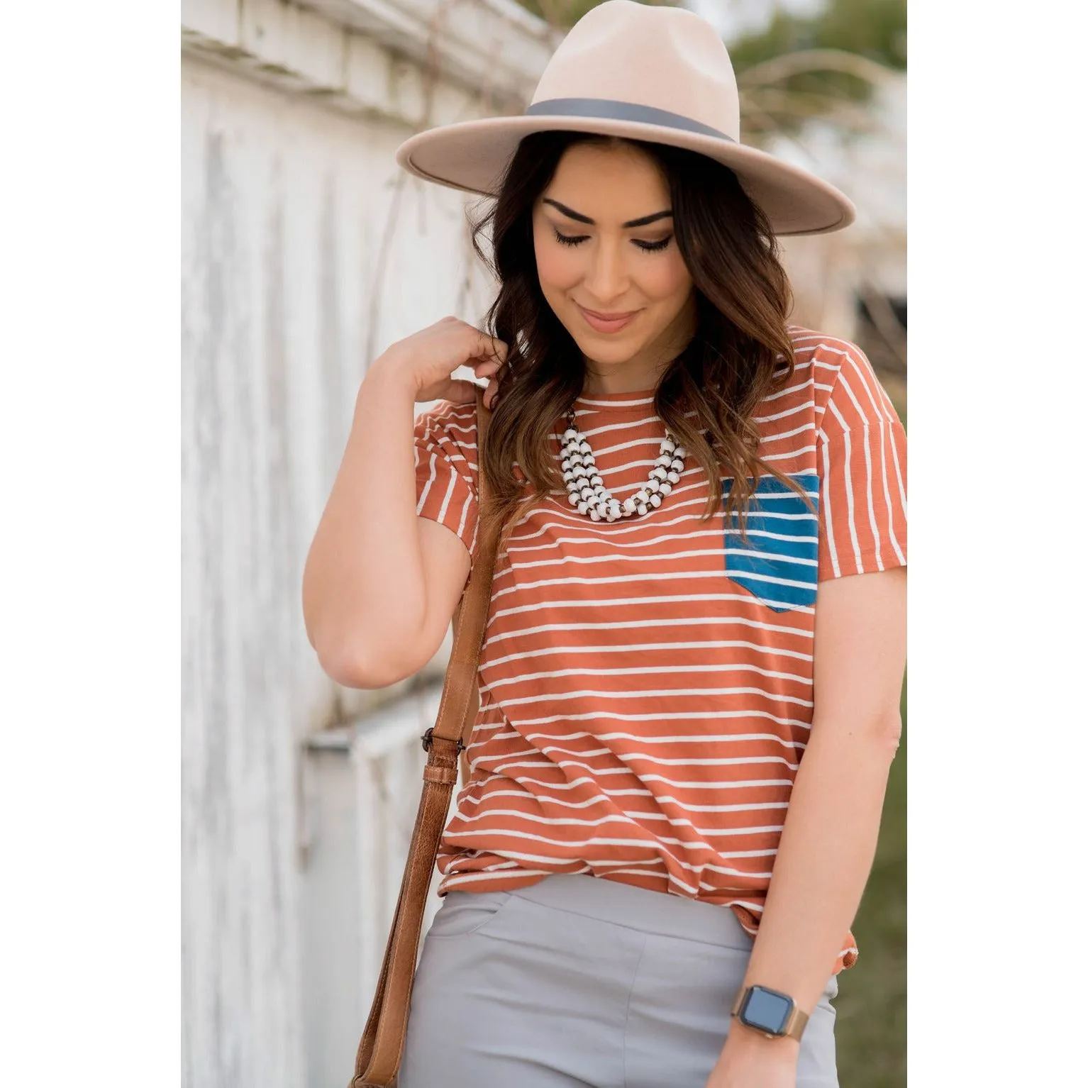 Contrasting Striped Pocket Tee