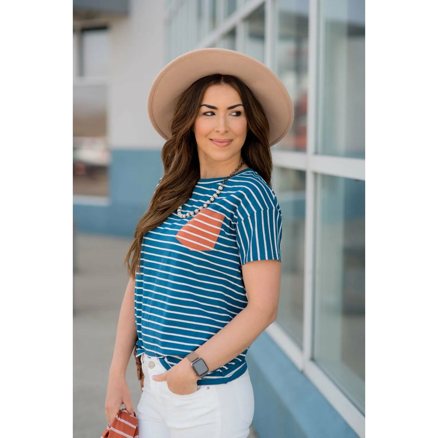 Contrasting Striped Pocket Tee