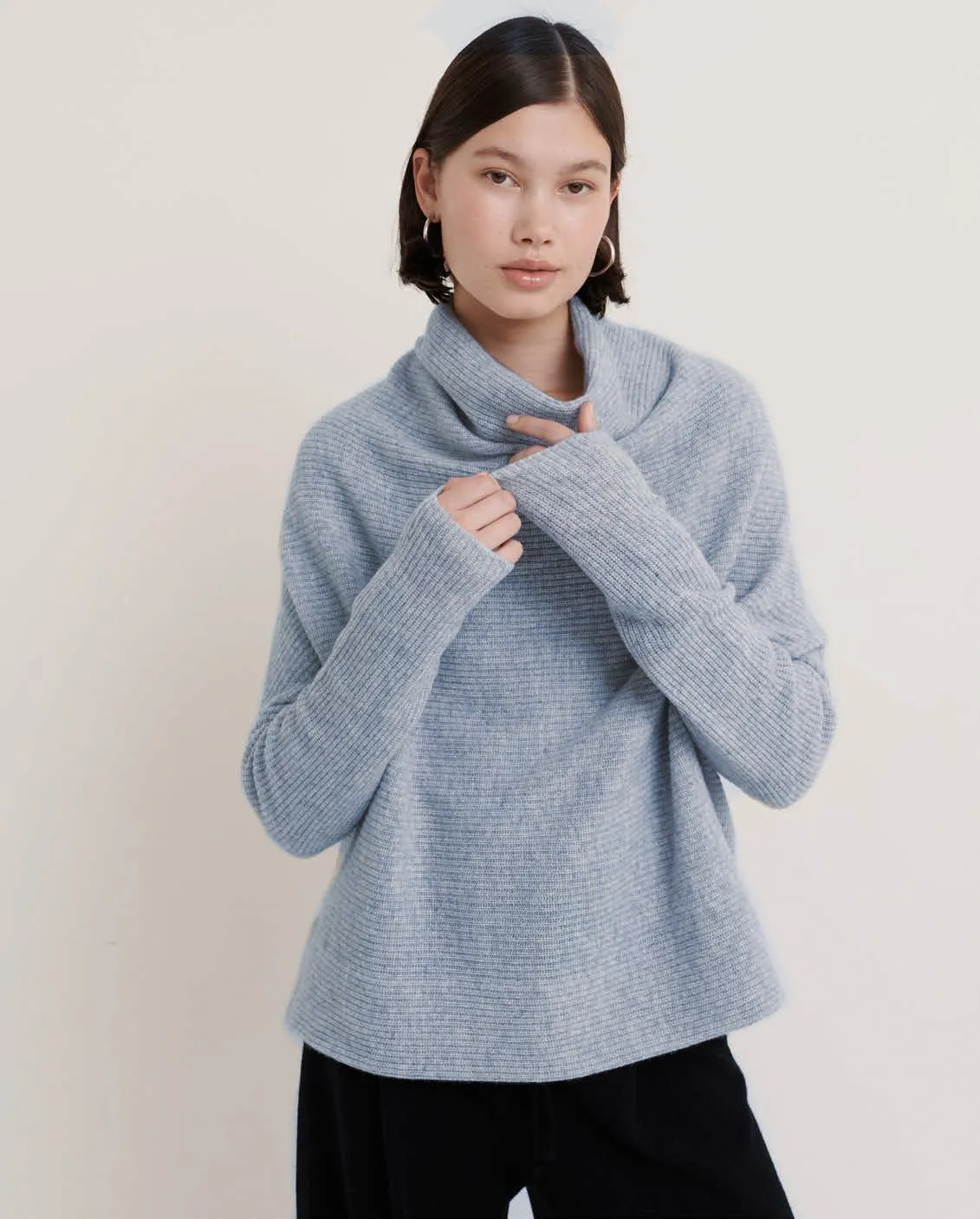 Cowl Neck Rib Pullover - Misty Blue