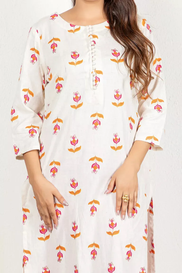 Cream With Orange & Pink Cotton Flax Kurta