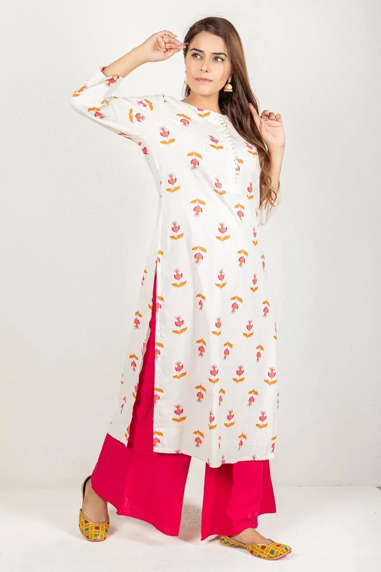 Cream With Orange & Pink Cotton Flax Kurta