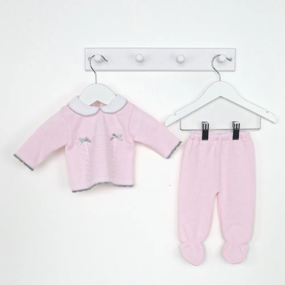 Dandelion Pink Knit & Grey Trim Bow 2 Piece Set