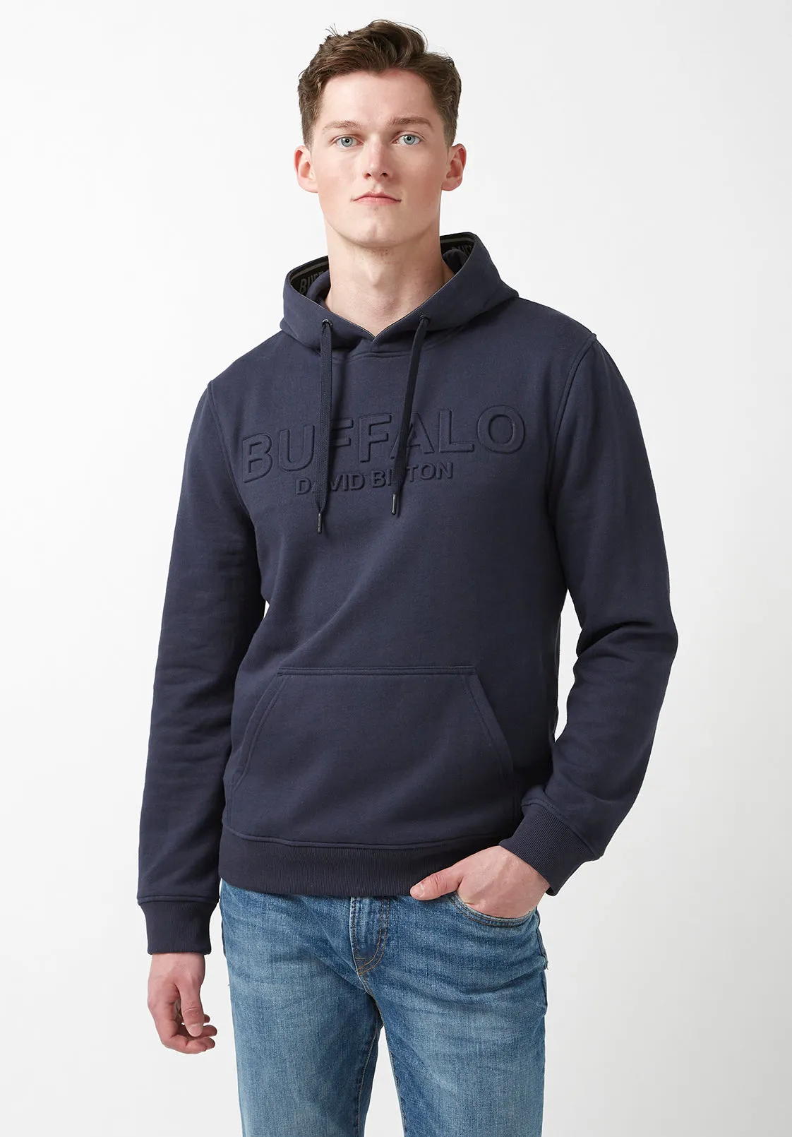 Fadol Men's Embossed Fleecy Hoodie in Navy - BPM13610