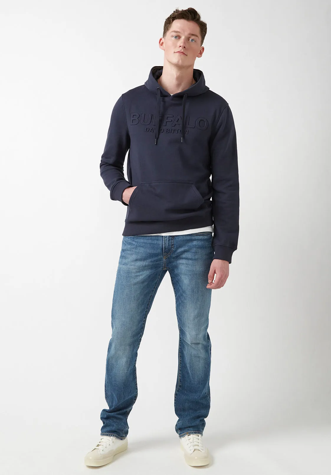 Fadol Men's Embossed Fleecy Hoodie in Navy - BPM13610