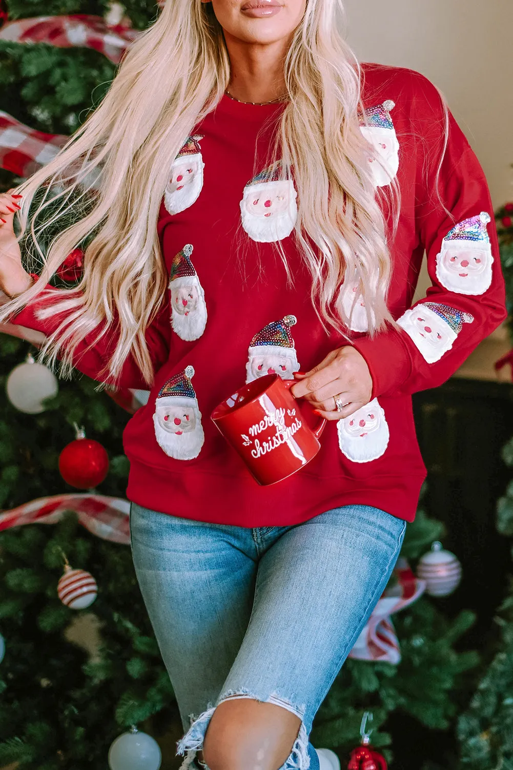 Fiery Red Sequined Clause Graphic Sweatshirt