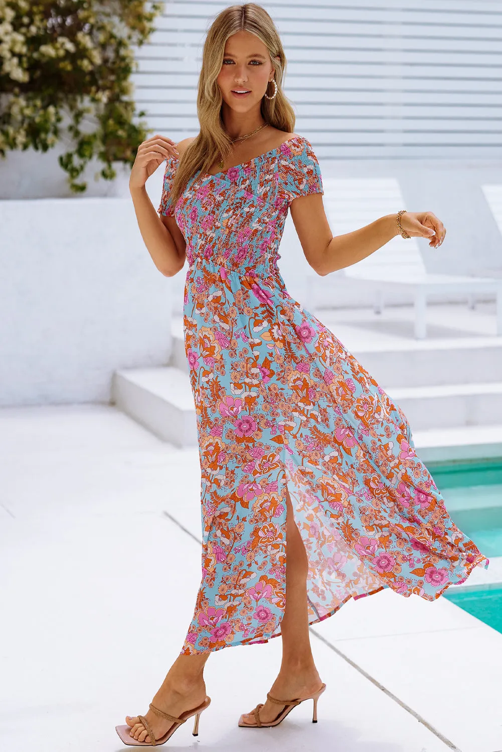 Floral Crisscross Smocked Off-Shoulder Dress