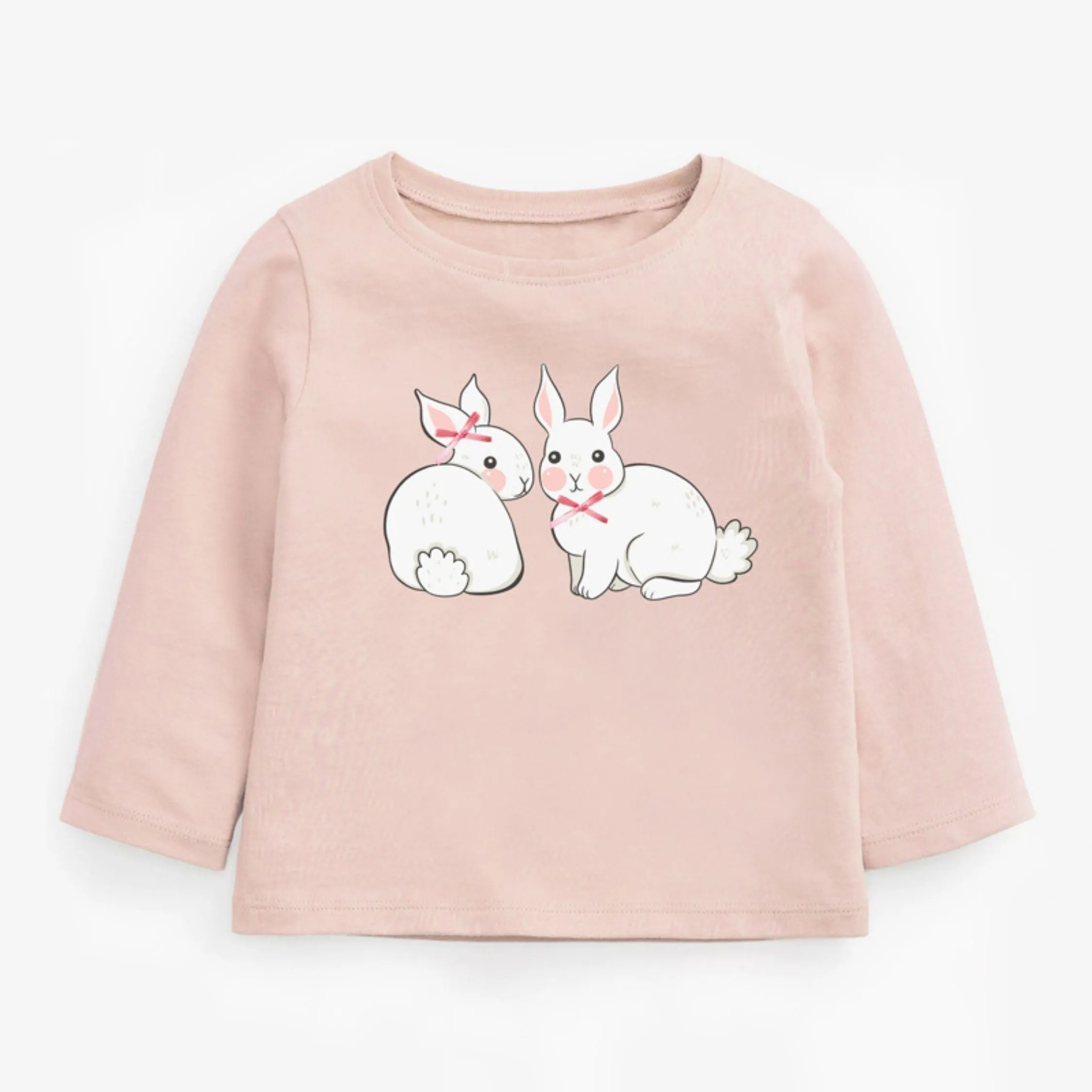 Full Sleeve Cute Bunnies Theme T-Shirt & Trouser Girls 2 Piece Outfit Set, Pink