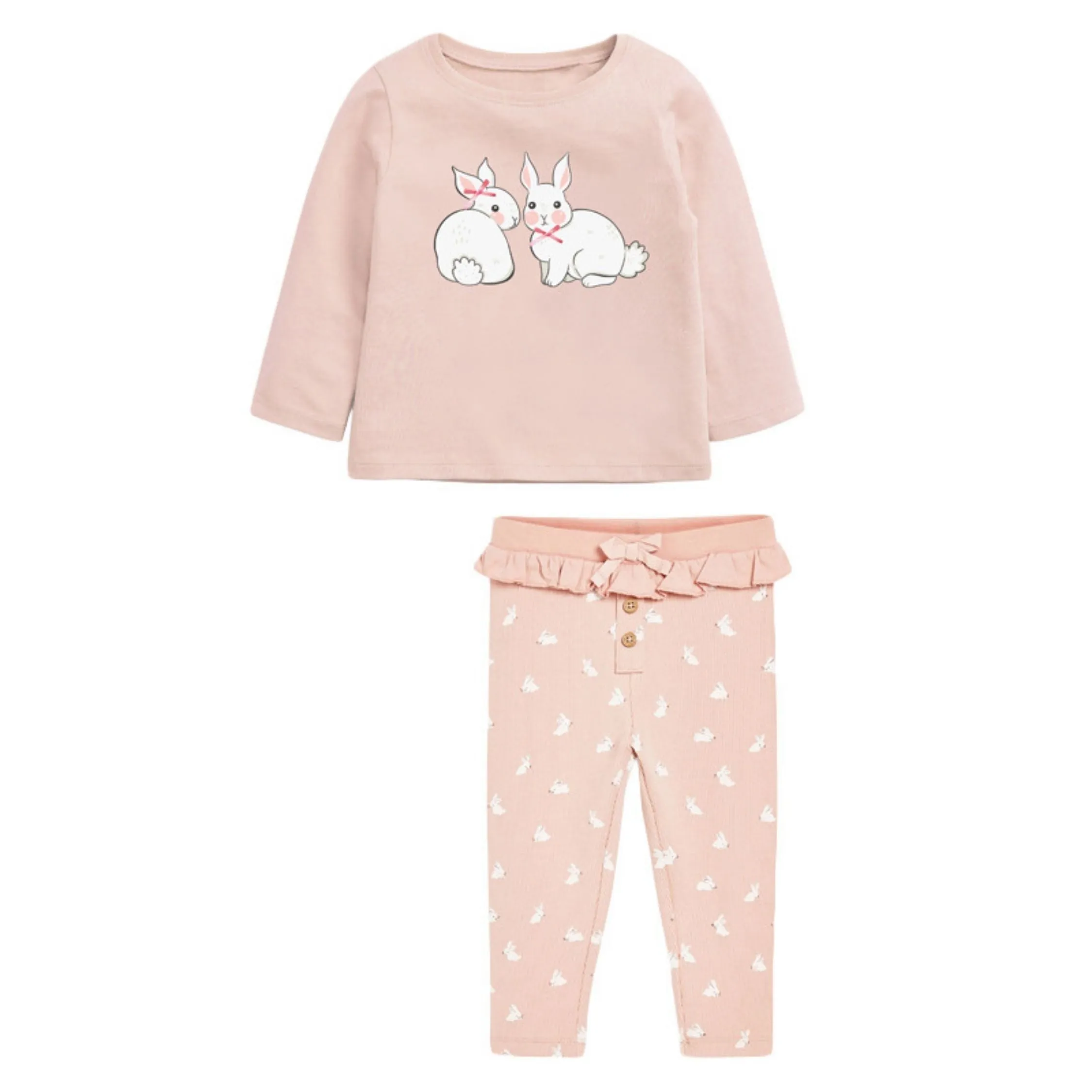 Full Sleeve Cute Bunnies Theme T-Shirt & Trouser Girls 2 Piece Outfit Set, Pink