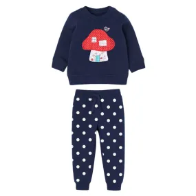 Full Sleeve Cute Mushroom House Sweetshirt & Polkadot Trouser Girls 2 Piece Outfit Set, Blue