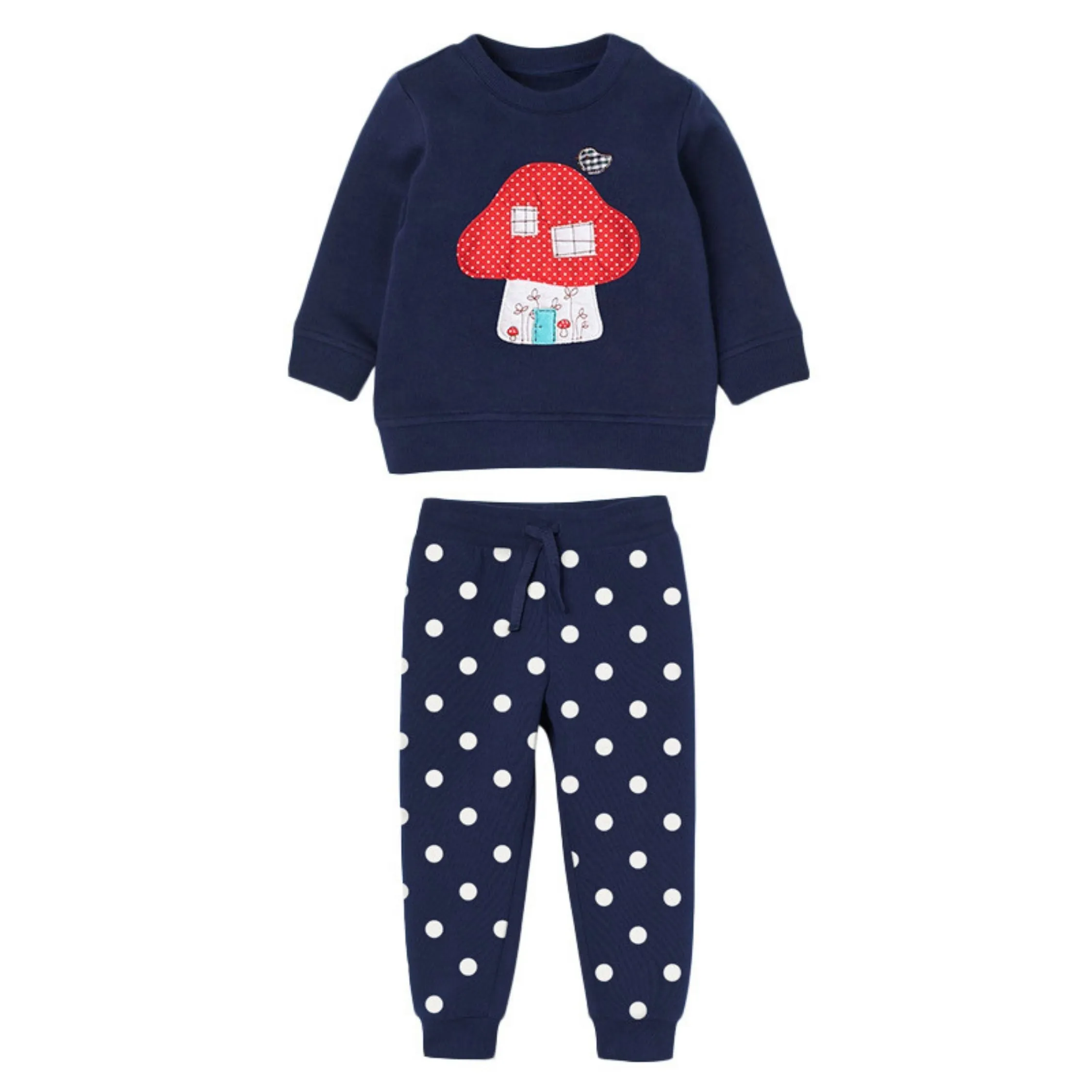 Full Sleeve Cute Mushroom House Sweetshirt & Polkadot Trouser Girls 2 Piece Outfit Set, Blue