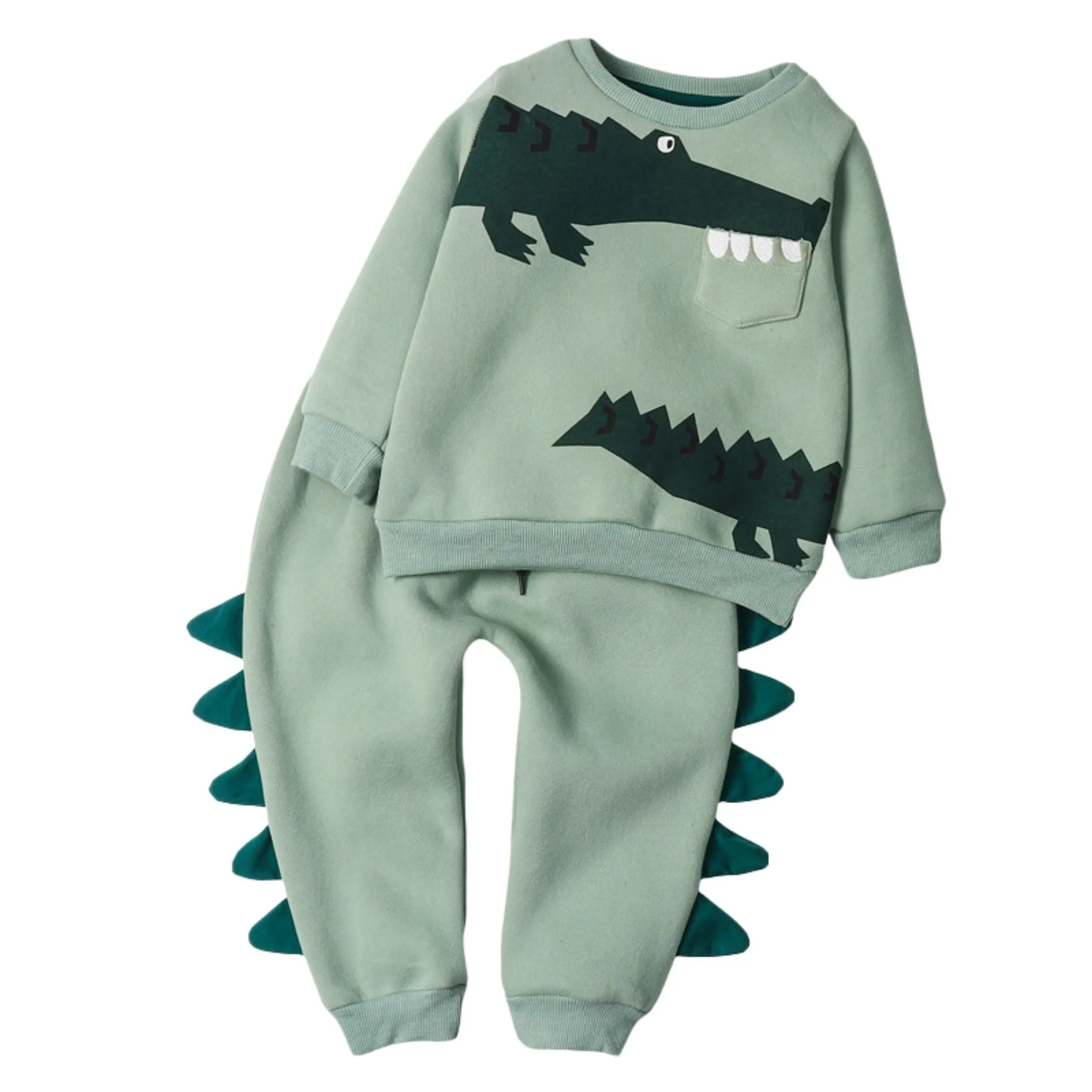 Full Sleeve Dino Theme Sweetshirt & Trouser Boys 2 Piece Outfit Set, Green