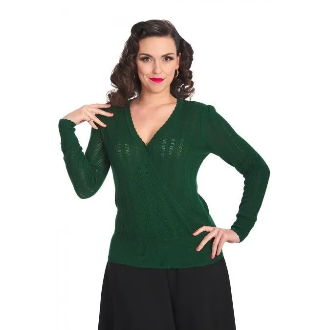 Green Vintage Long Sleeve Knitted Wrap Effect Top